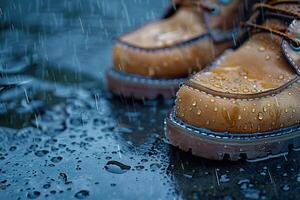 cuero botas en un mojado superficie durante lluvia ducha foto