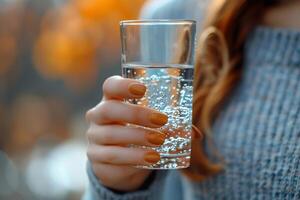 Hand holding sparkling water. photo