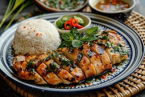 Grilled chicken slices served with a side of fragrant white rice. photo