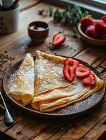 Freshly made crepes with strawberries on rustic wooden table. photo
