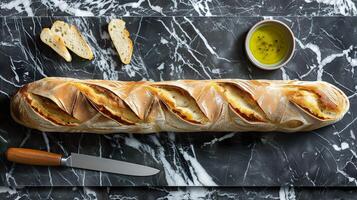 Baguette with olive oil on marble background. photo