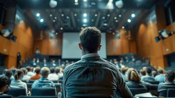 Man attending conference in modern auditorium. photo