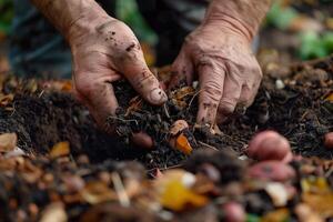 An intimate view of hands mixing rich compost material, capturing the essence of sustainable gardening. photo