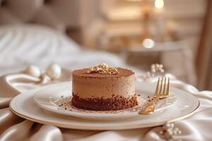 un plato de chocolate mousse coronado con oro copos foto