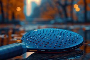 de cerca de un azul pickleball paleta con gotas de lluvia. foto