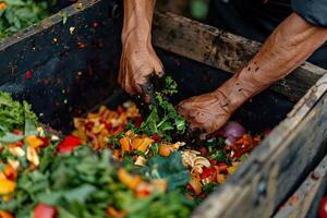 Close-up hands actively turning kitchen scraps into compost within a rustic bin. photo