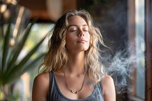 Serene woman vaping indoors photo