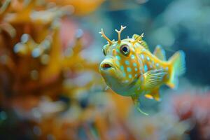 A colorful thornback cowfish amidst a vivid coral backdrop. photo