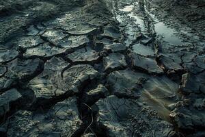 Cracked mud with traces of water pathways in boiling earth scenario. photo