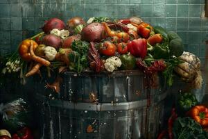 Close-up of a garbage bin in a kitchen, overflowing with various types of expired food, from vegetables to meat. photo