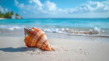 Seashell on sandy tropical beach photo