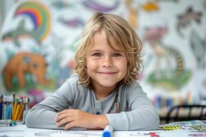 A cheerful young boy sitting in front of his colorful drawings. photo