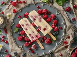 Berry infused cream popsicles on a vintage plate. photo