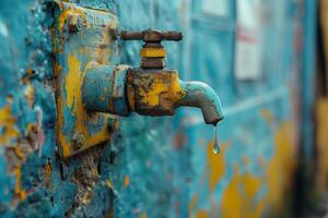 Rusty industrial tap with a single water drop. photo