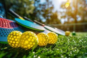 Vibrant scene of yellow pickleball balls and colorful rackets resting on lush grass court. photo