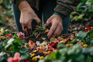 un persona atractivo en compostaje actividades, manos mezcla compost material en un jardín ajuste. foto