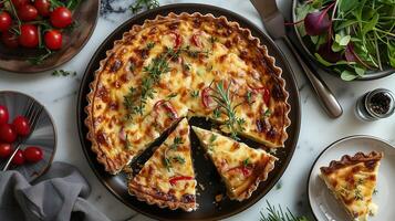 Top view of classic quiche lorraine. photo