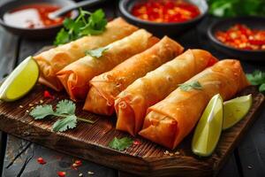 Crispy fried spring rolls with fresh lime and cilantro. photo