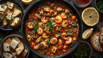 Classic bouillabaisse with fresh herbs. photo
