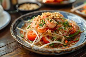 A vibrant and fresh plate of Som Tum Thai on a rustic ceramic dish. photo