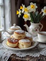 Welsh cream cakes with tea on a vintage lace tablecloth. photo