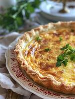 Classic Quiche Lorraine in vintage setting. photo