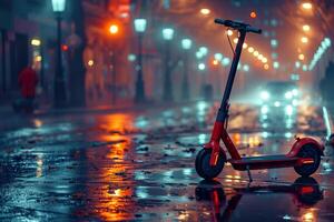 An electric scooter parked on a rain-soaked street. photo