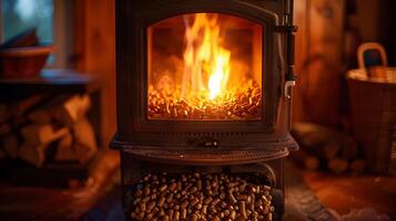 A warm pellet stove fire in a cozy, rustic room. photo