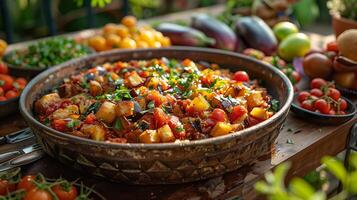 A rustic garden table setting featuring a large serving bowl of ratatouille. photo