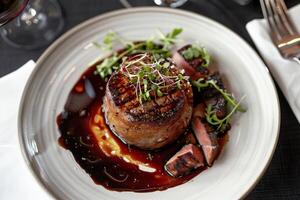 Gourmet filet mignon with reduction sauce. photo