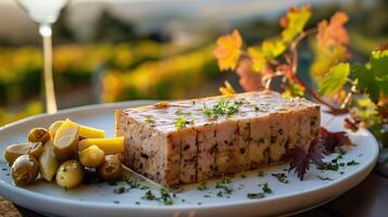 Foie gras served as a terrine on a white plate with a blurred vineyard background. photo