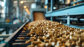 Close-up view of a wood pellet production line in an industrial facility. photo