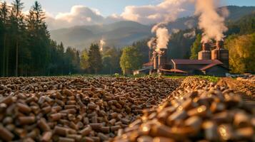 A wood pellet manufacturing plant set against a backdrop of misty mountains and dense forests. photo