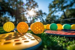 An array of colorful pickleball rackets and balls. photo