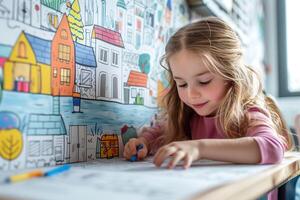 A young girl engrossed in her drawing, surrounded by colorful illustrations. photo