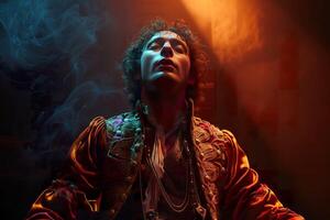 A dramatic portrayal of a man in ornate period costume, illuminated by a beam of light. photo