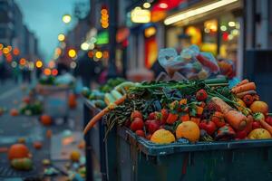 Food waste, an overflowing garbage bin filled with discarded meals and produce outside a restaurant. photo