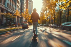 A young person riding an electric scooter amidst the vibrant colors of autumn foliage. photo