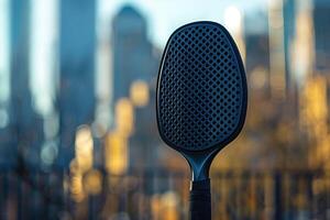 A detailed shot of a pickleball racket against the blurred cityscape at dusk. photo