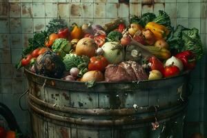 Close-up of a garbage bin in a kitchen, overflowing with various types of expired food. photo