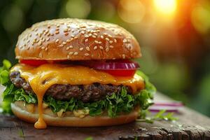 Close-up of a cheeseburger with glistening melted cheese, crisp lettuce, and fresh toppings. photo