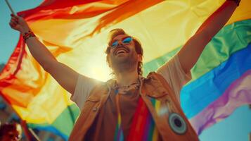 A smiling young man waving a vibrant rainbow flag, symbolizing freedom. photo