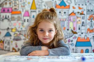 un adorable joven niña propensión en un mesa en frente de su dibujo. foto