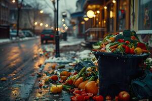 Food waste, an overflowing garbage bin filled with discarded meals and produce outside a restaurant. photo