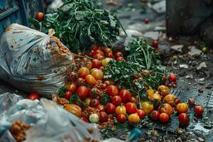 Spilled tomatoes and food waste on ground. photo