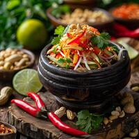 Thai papaya salad in wooden mortar. photo