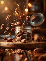 Pecans dynamically spilling into a glass jar photo