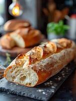 Freshly baked baguette on rustic kitchen table. photo