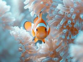 Close-up of a clownfish nestled in the bleached coral. photo