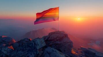 A Pride flag waving boldly atop a mountain summit. photo